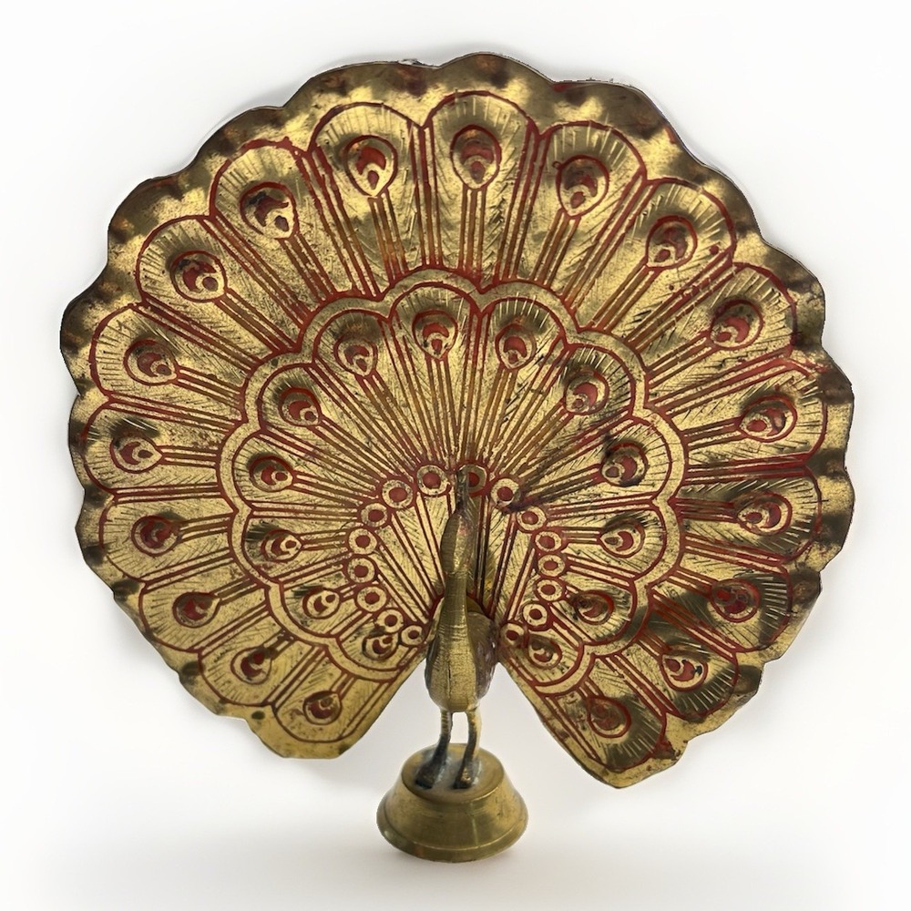 Brass Peacock Figurine Fan Tail Red Etched Detail Vintage 5 Inch Decor